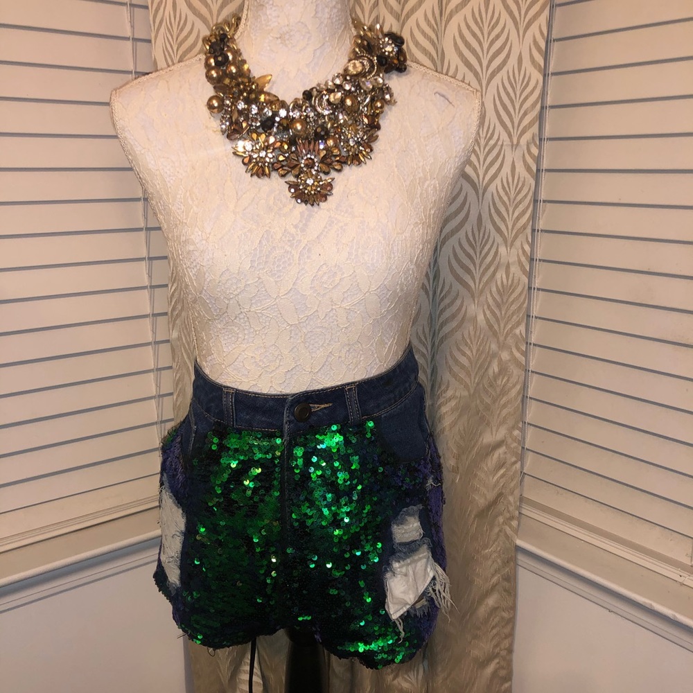 Kelly Sequin Denim Mom Shorts